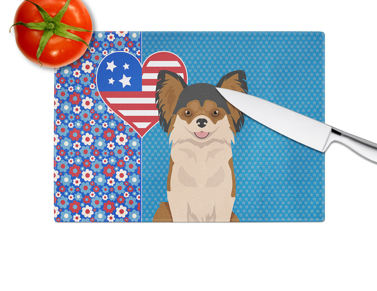 Longhaired Black and Red Chihuahua USA American Glass Cutting Board Large - the-store.com