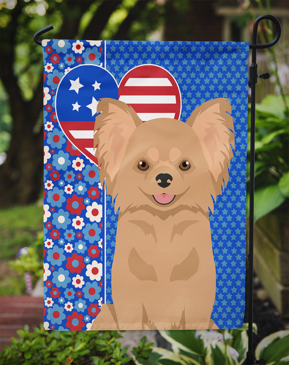 Longhaired Gold Chihuahua USA American Flag Garden Size