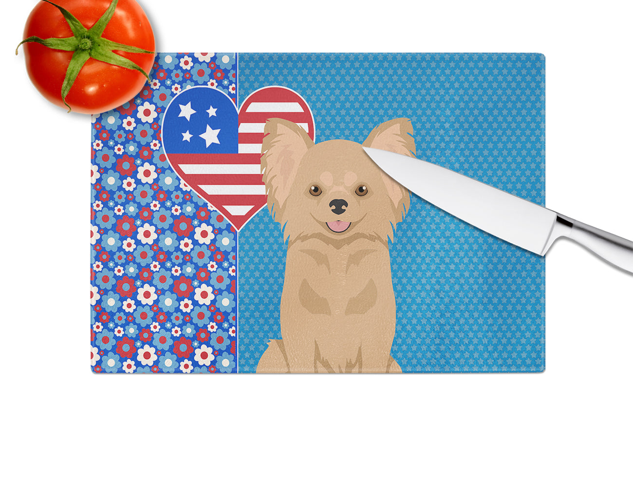 Longhaired Gold Chihuahua USA American Glass Cutting Board Large - the-store.com