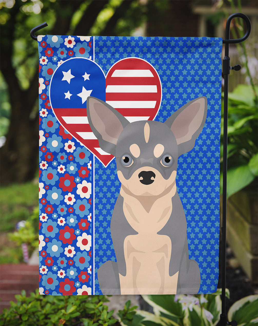 Blue and White Chihuahua USA American Flag Garden Size