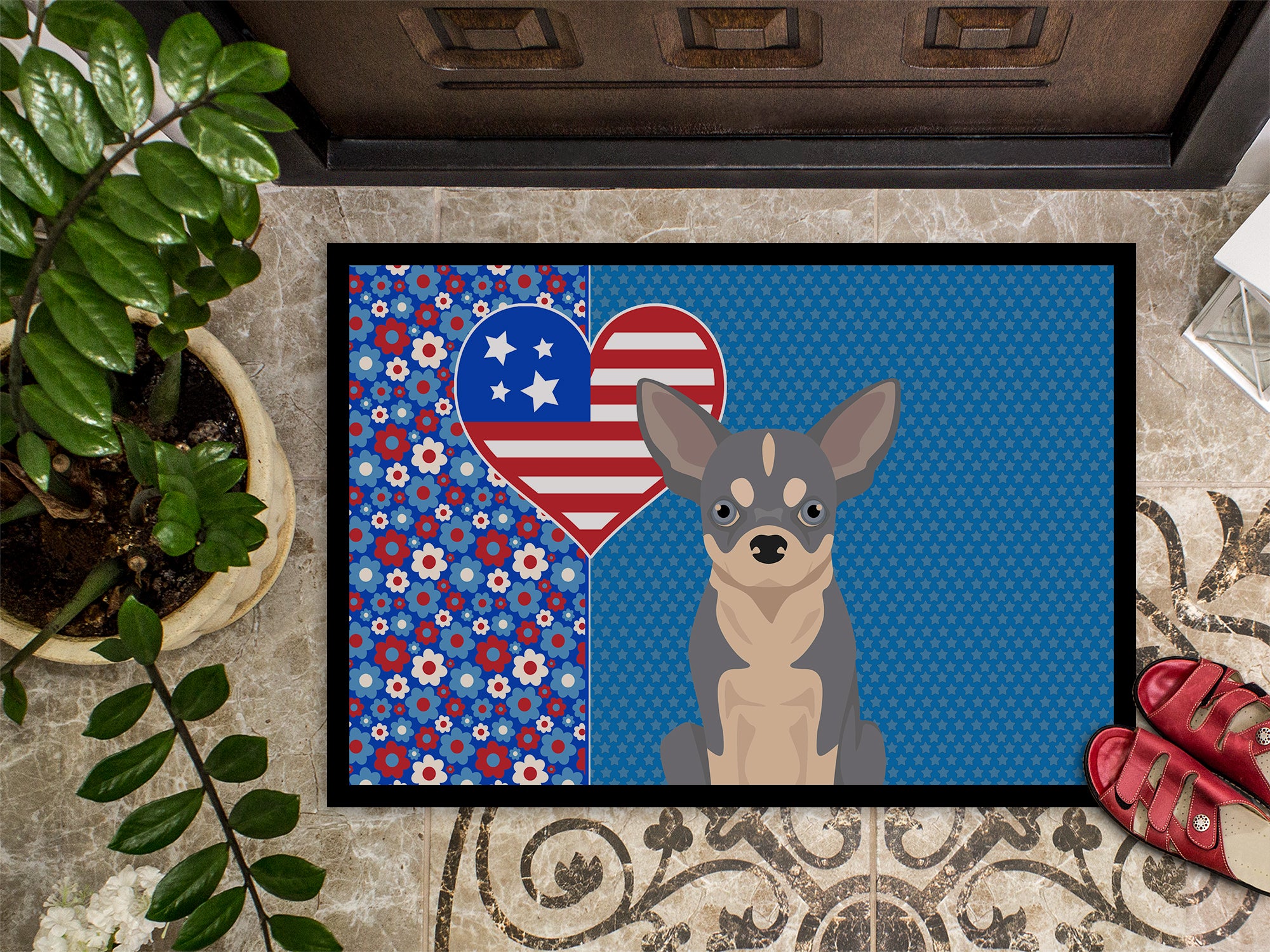 Blue and White Chihuahua USA American Indoor or Outdoor Mat 24x36 - the-store.com