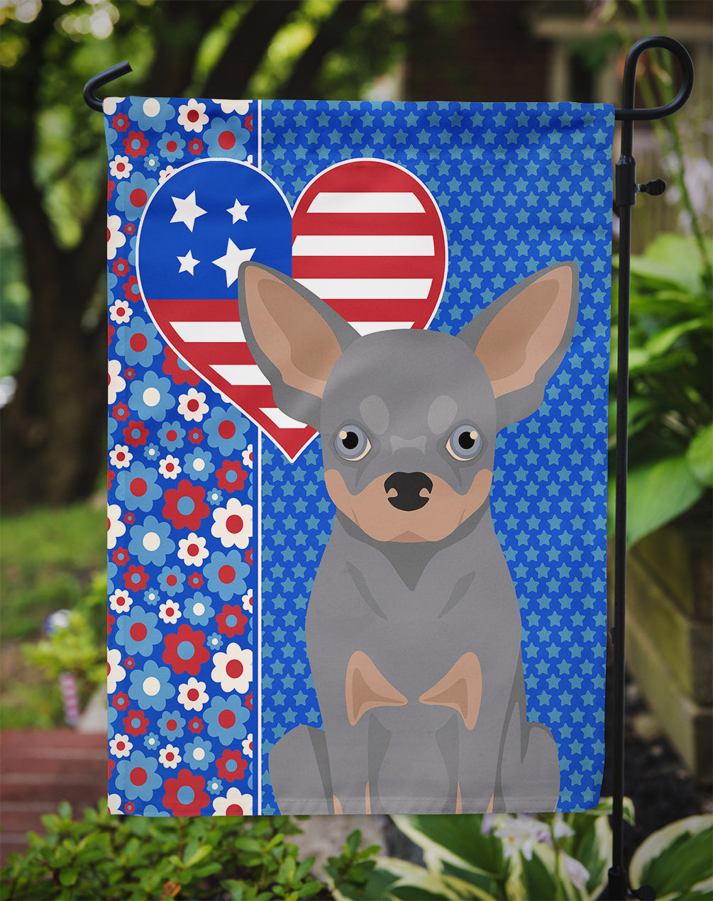 Blue and Tan Chihuahua USA American Flag Garden Size  the-store.com.