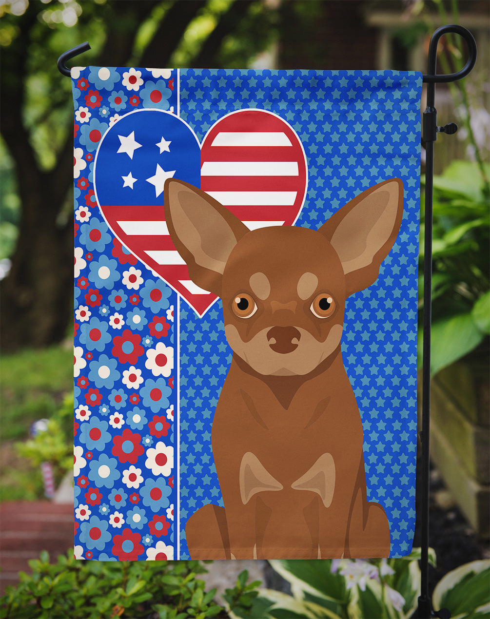 Chocolate and Tan Chihuahua USA American Flag Garden Size  the-store.com.