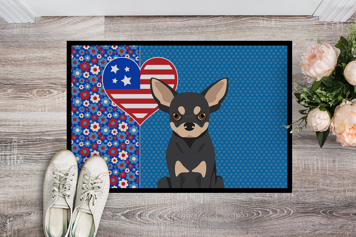 Buy this Black and Cream Chihuahua USA American Indoor or Outdoor Mat 24x36