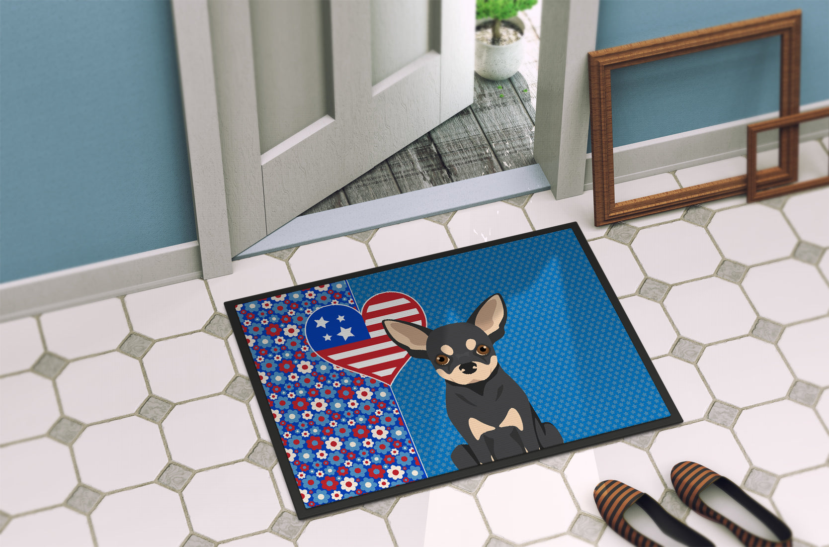 Black and Cream Chihuahua USA American Indoor or Outdoor Mat 24x36 - the-store.com