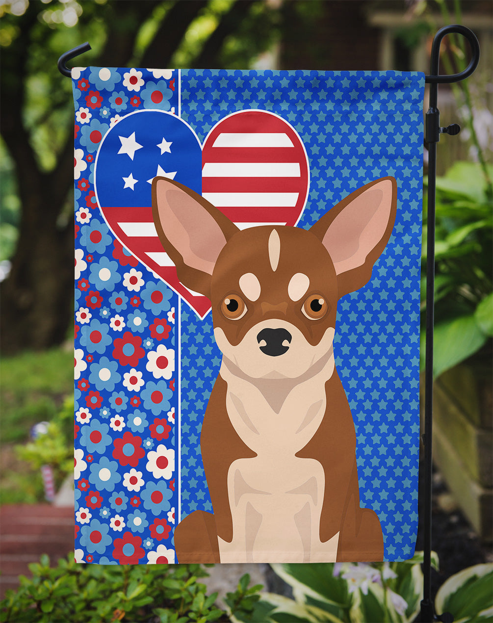 Red and White Chihuahua USA American Flag Garden Size