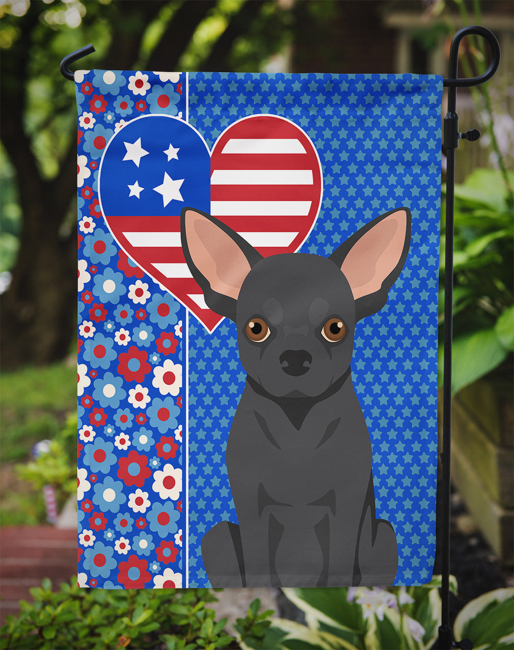 Black Chihuahua USA American Flag Garden Size  the-store.com.