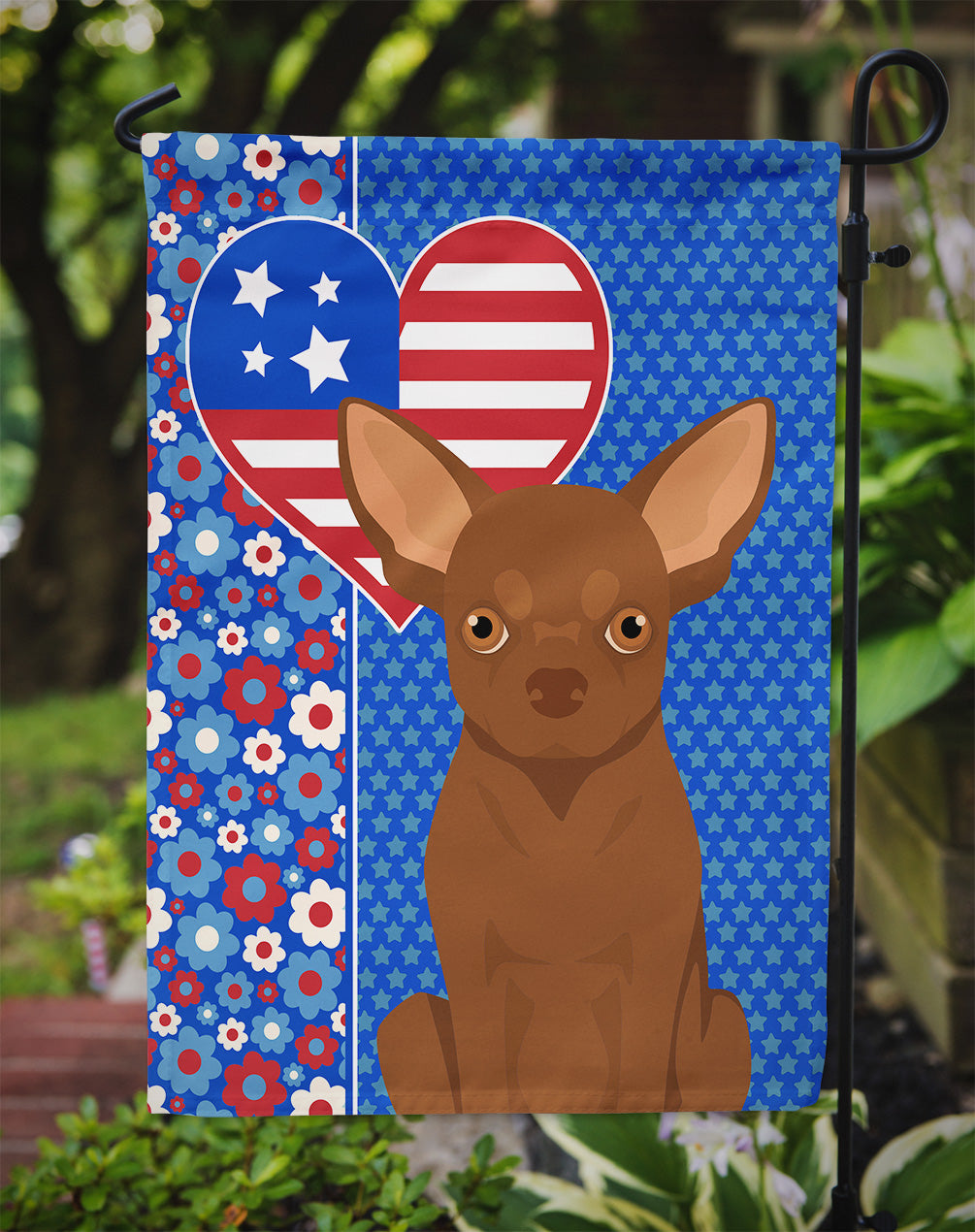 Chocolate Chihuahua USA American Flag Garden Size