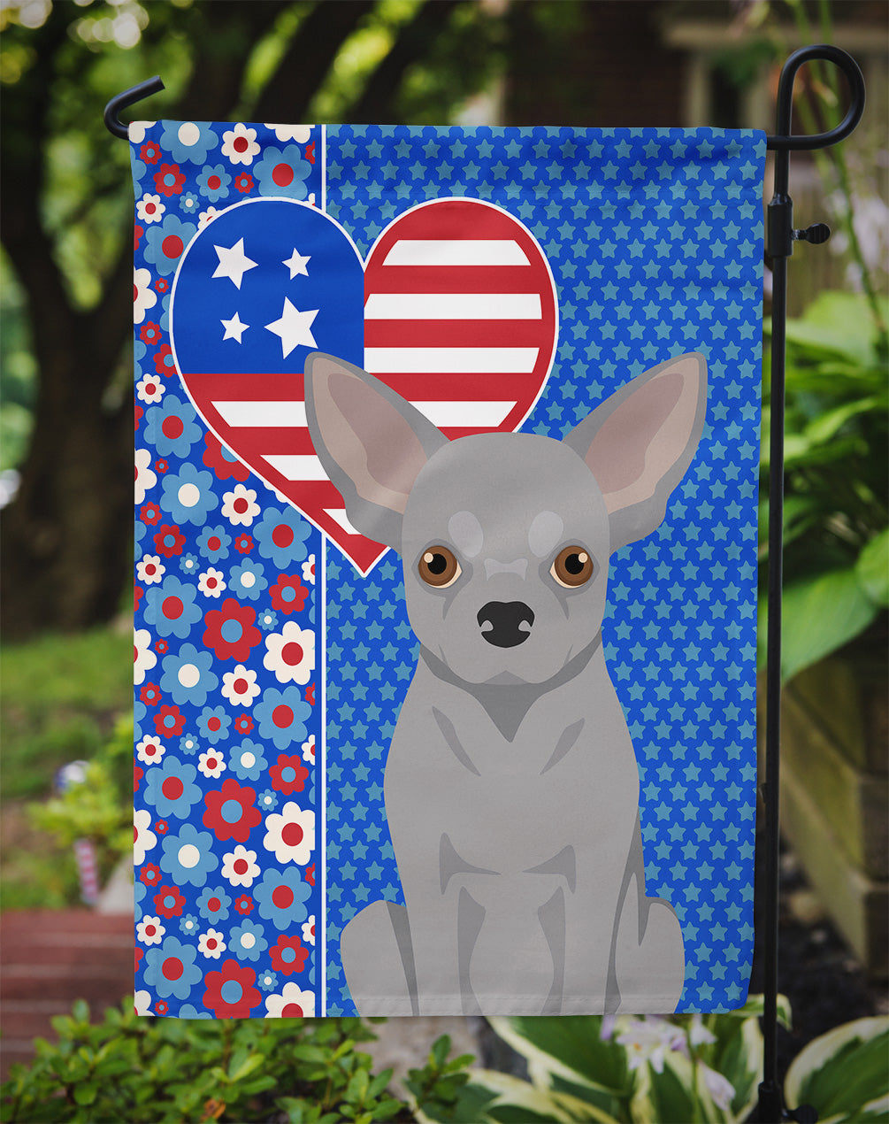 Silver Chihuahua USA American Flag Garden Size
