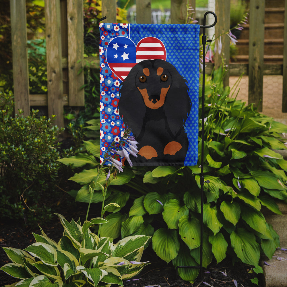 Longhair Black and Tan Dachshund USA American Flag Garden Size