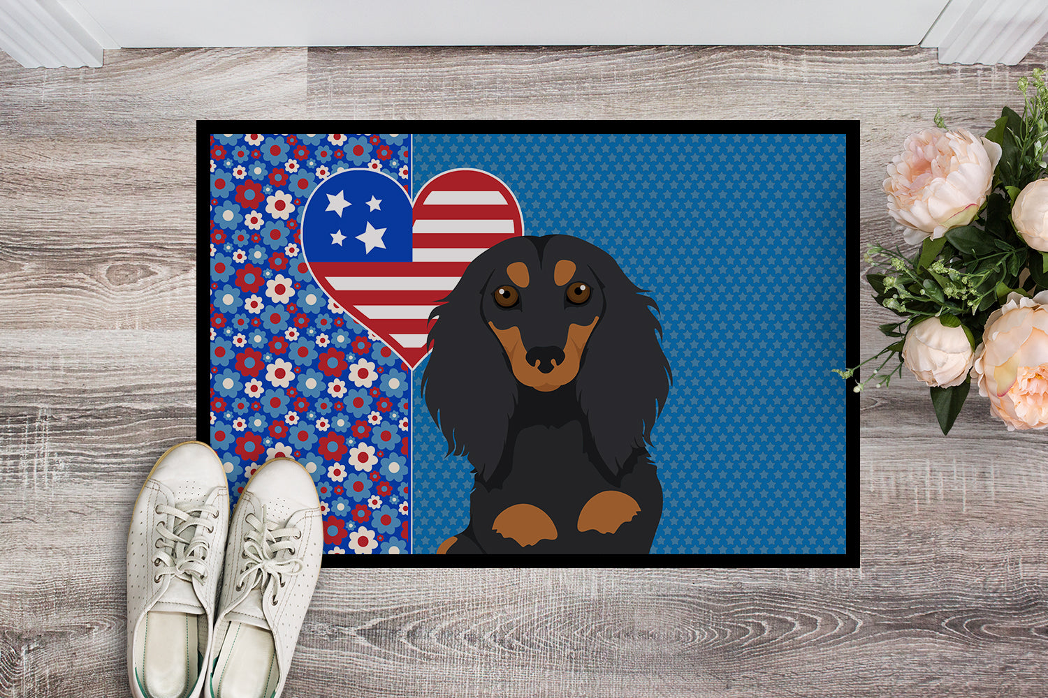 Buy this Longhair Black and Tan Dachshund USA American Indoor or Outdoor Mat 24x36