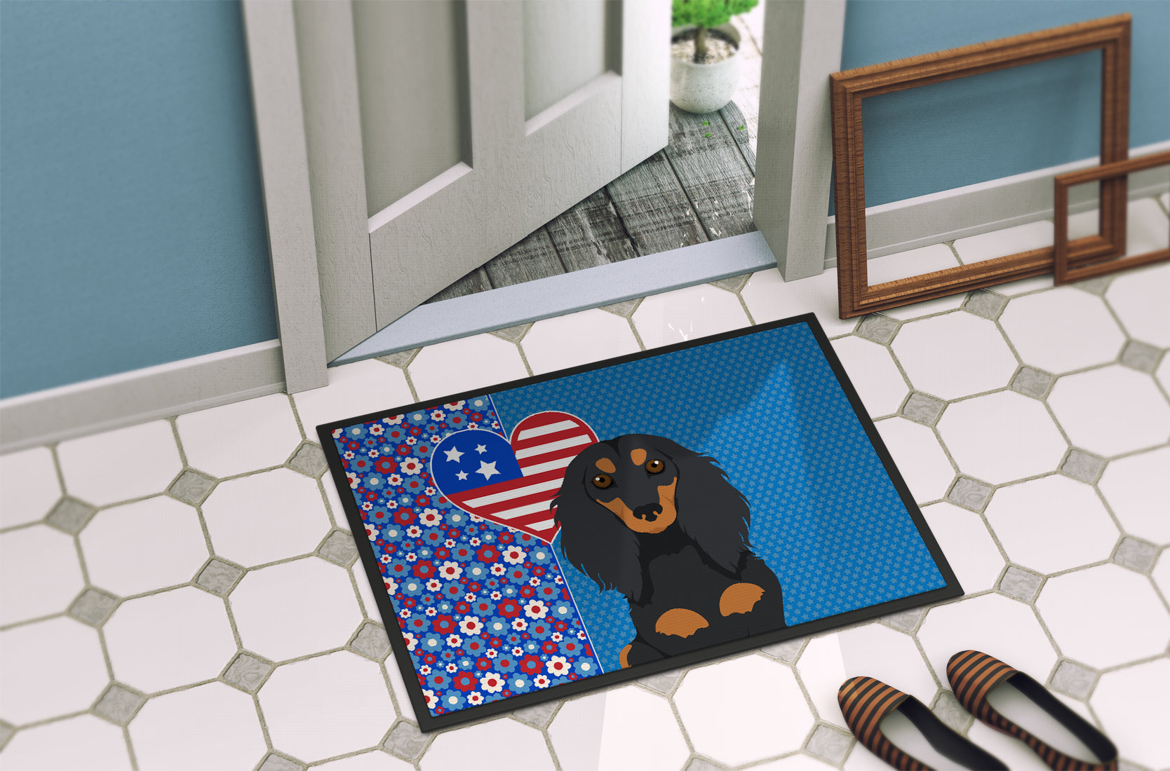 Longhair Black and Tan Dachshund USA American Indoor or Outdoor Mat 24x36 - the-store.com