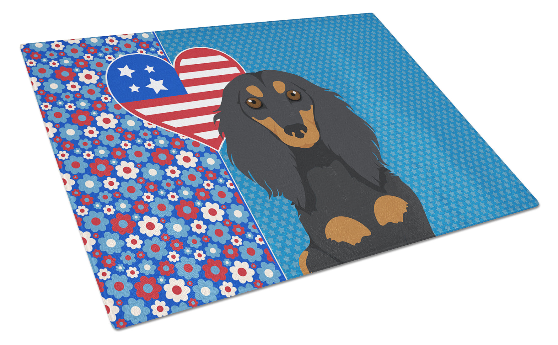 Buy this Longhair Black and Tan Dachshund USA American Glass Cutting Board Large