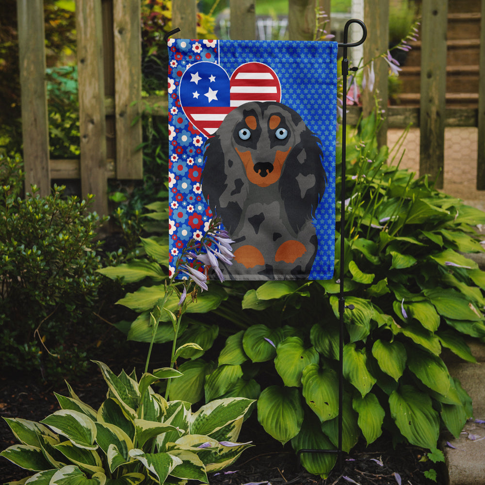 Longhair Blue and Tan Dapple Dachshund USA American Flag Garden Size