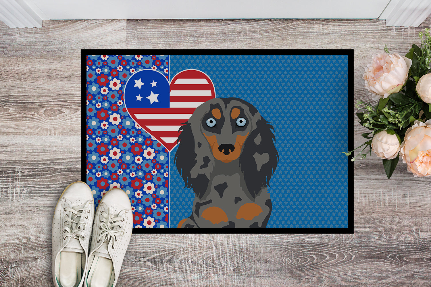 Buy this Longhair Blue and Tan Dapple Dachshund USA American Indoor or Outdoor Mat 24x36