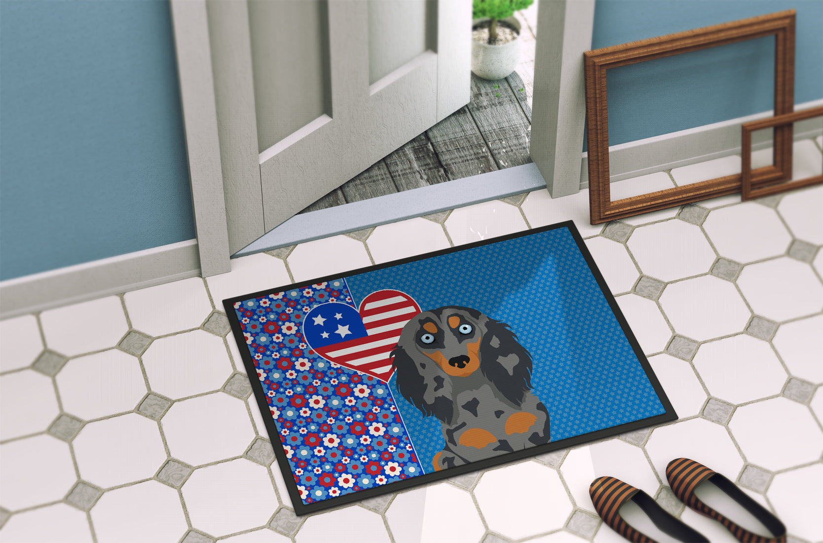 Longhair Blue and Tan Dapple Dachshund USA American Indoor or Outdoor Mat 24x36 - the-store.com