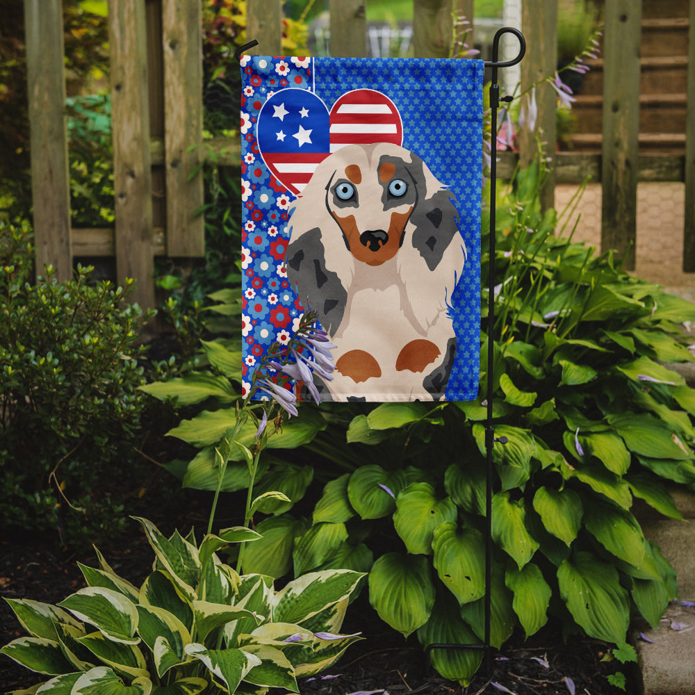 Longhair Cream Dapple Dachshund USA American Flag Garden Size