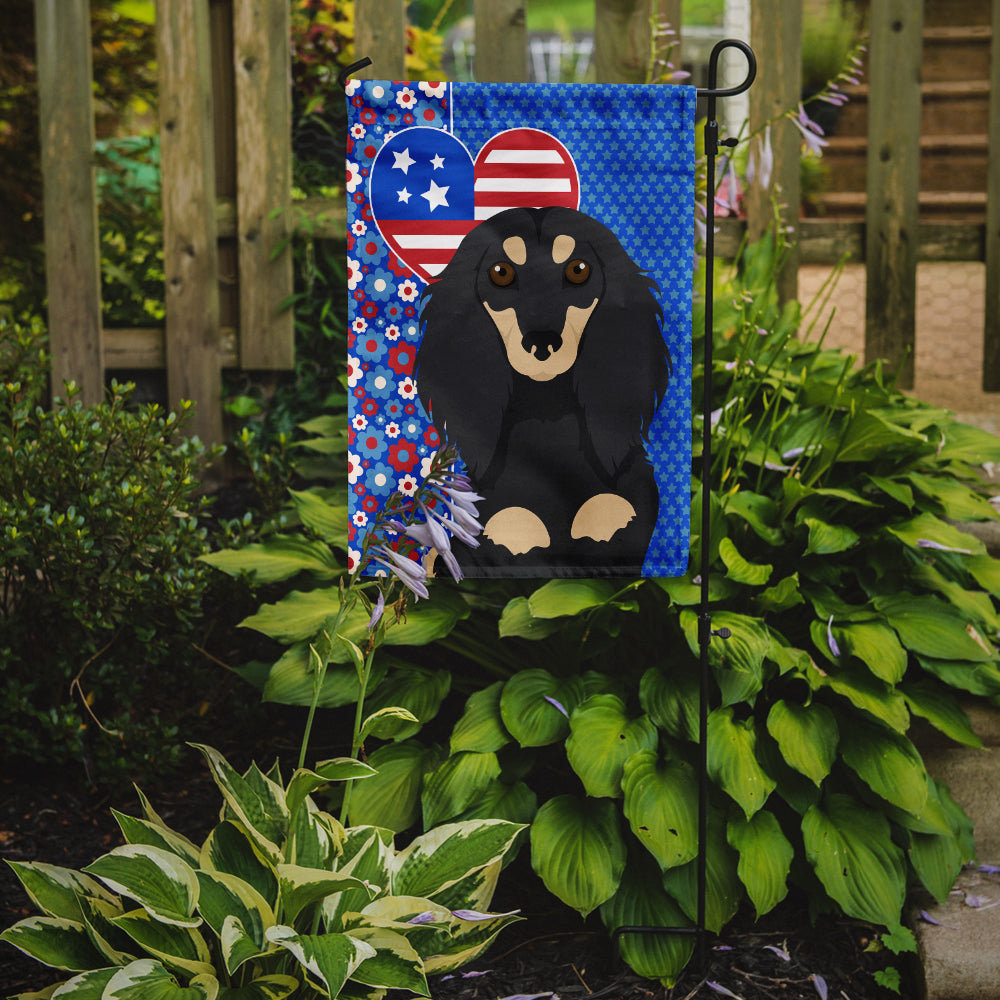 Longhair Black and Cream Dachshund USA American Flag Garden Size