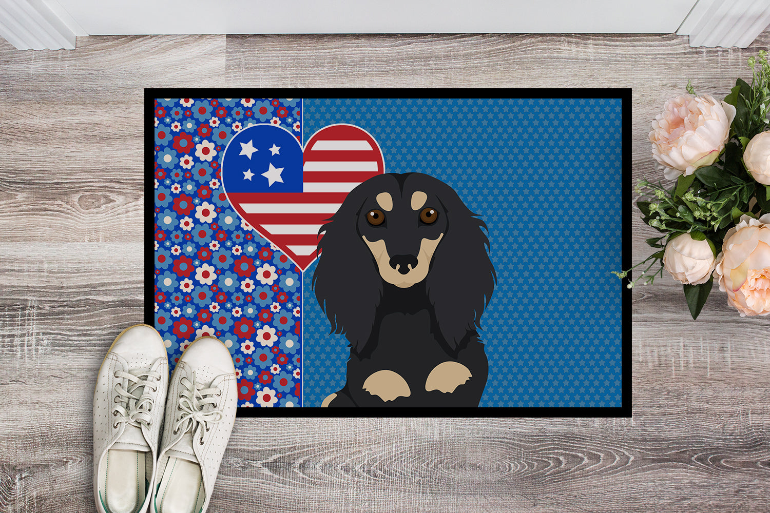 Buy this Longhair Black and Cream Dachshund USA American Indoor or Outdoor Mat 24x36