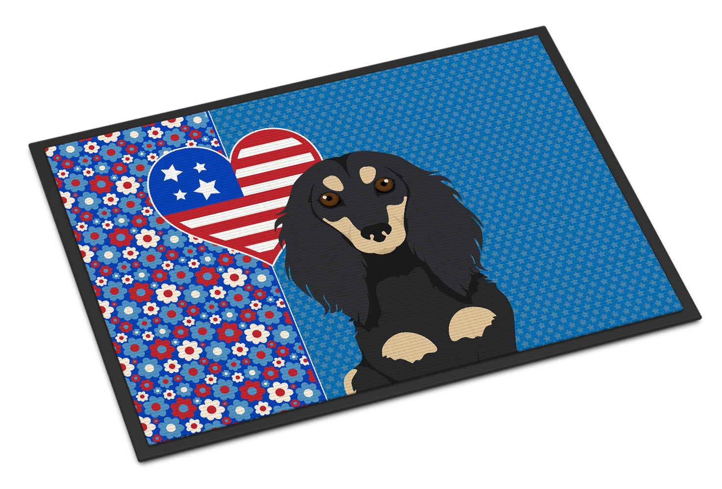 Buy this Longhair Black and Cream Dachshund USA American Indoor or Outdoor Mat 24x36
