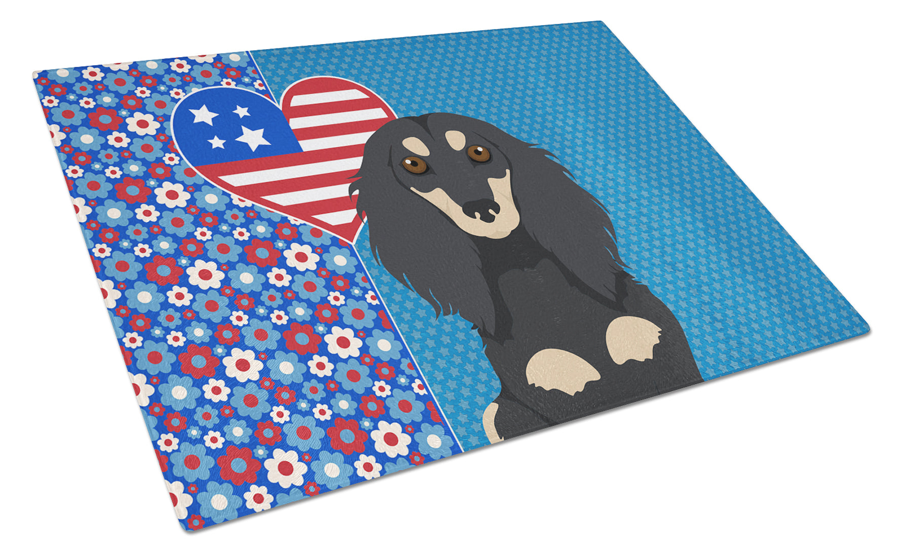 Buy this Longhair Black and Cream Dachshund USA American Glass Cutting Board Large