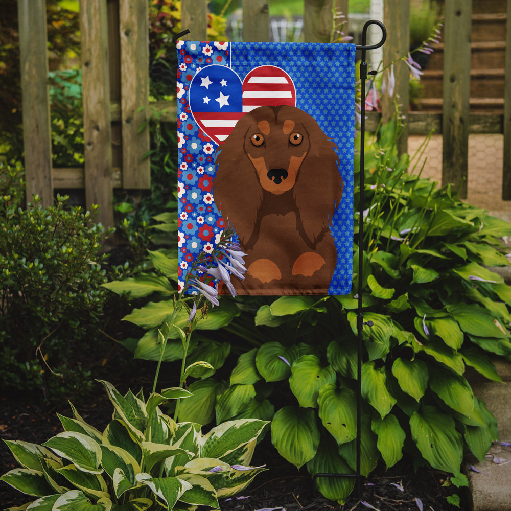 Longhair Chocolate and Tan Dachshund USA American Flag Garden Size  the-store.com.