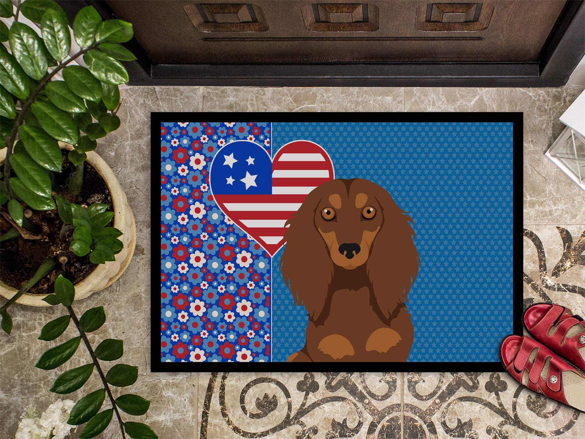Longhair Chocolate and Tan Dachshund USA American Indoor or Outdoor Mat 24x36 - the-store.com