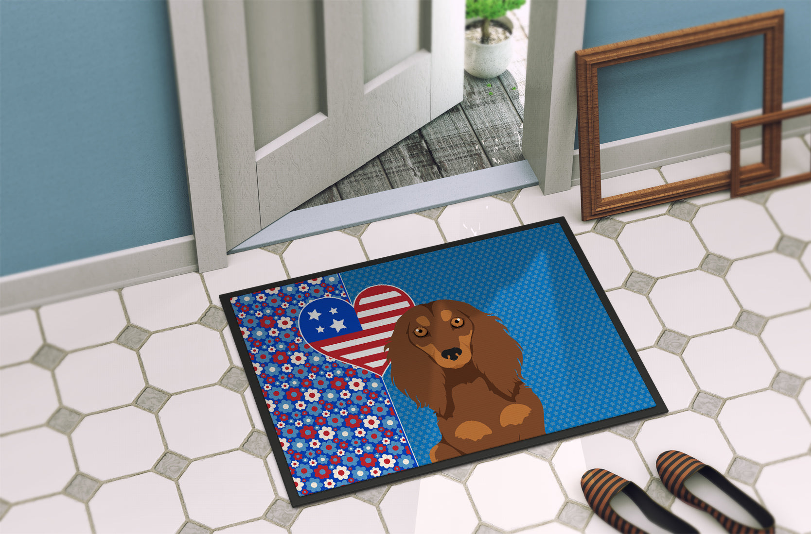 Longhair Chocolate and Tan Dachshund USA American Indoor or Outdoor Mat 24x36 - the-store.com