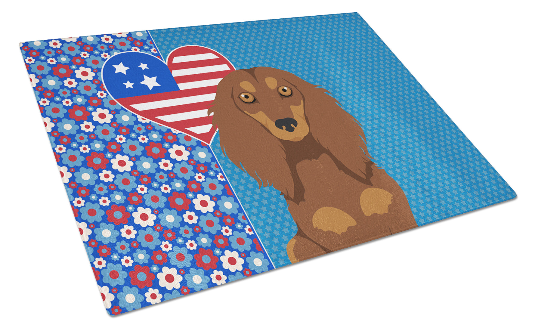 Buy this Longhair Chocolate and Tan Dachshund USA American Glass Cutting Board Large