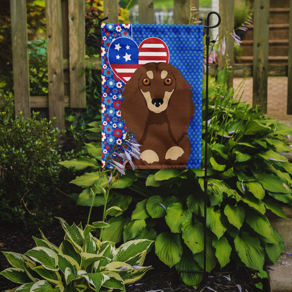 Longhair Chocolate and Cream Dachshund USA American Flag Garden Size