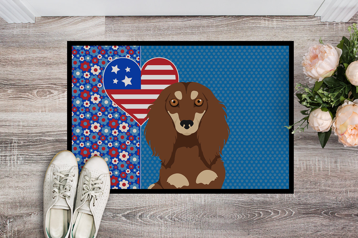 Buy this Longhair Chocolate and Cream Dachshund USA American Indoor or Outdoor Mat 24x36