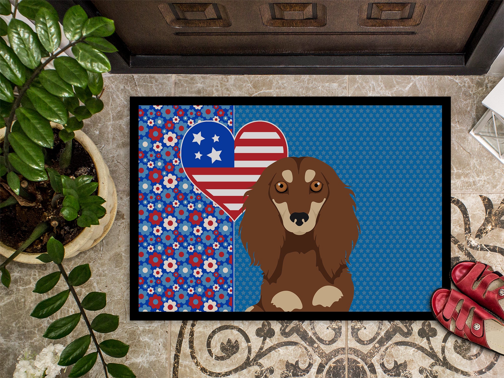 Longhair Chocolate and Cream Dachshund USA American Indoor or Outdoor Mat 24x36 - the-store.com