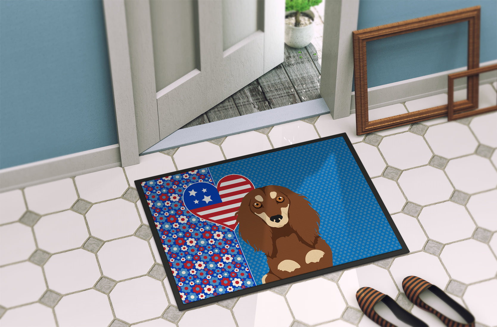Longhair Chocolate and Cream Dachshund USA American Indoor or Outdoor Mat 24x36 - the-store.com