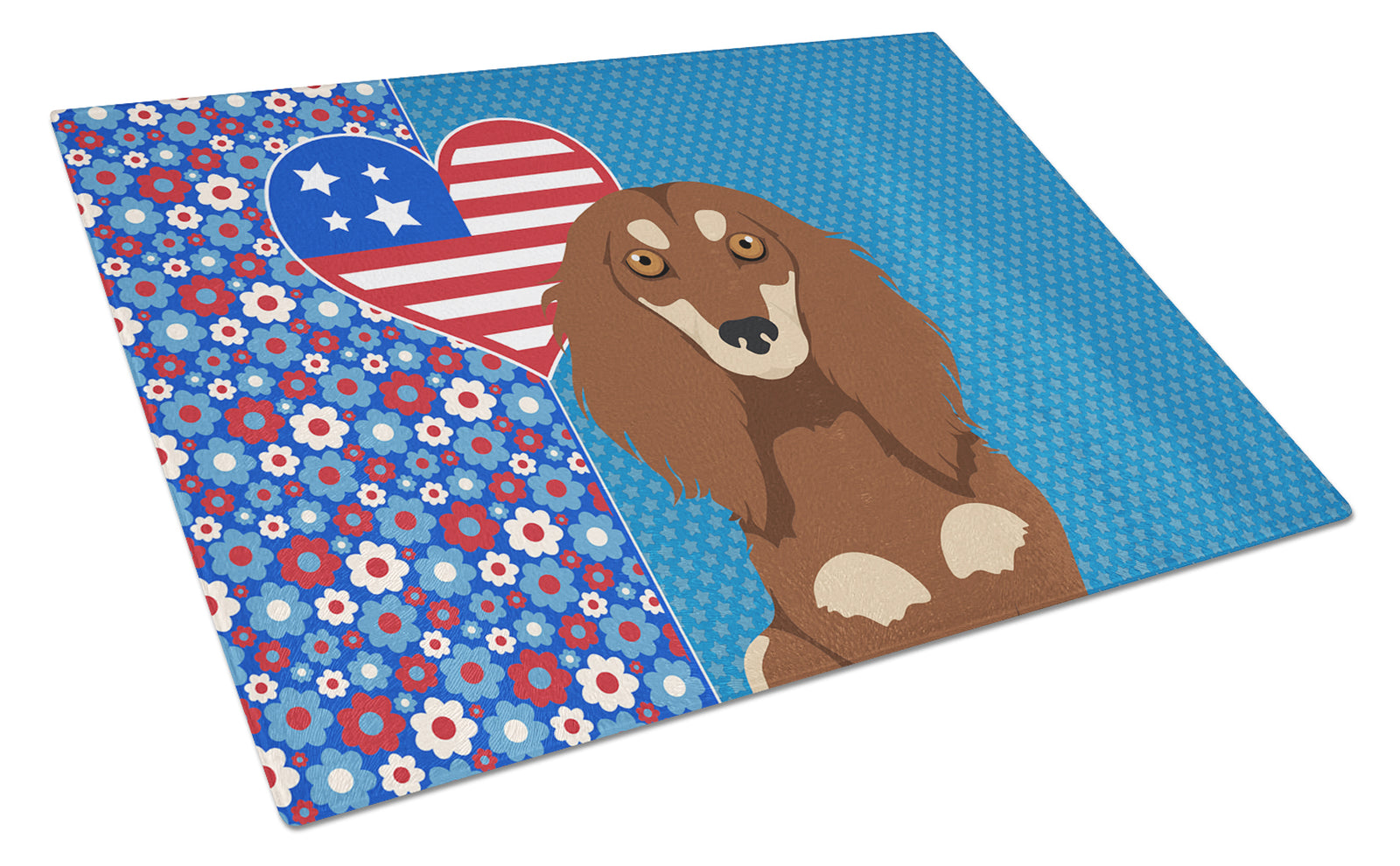 Buy this Longhair Chocolate and Cream Dachshund USA American Glass Cutting Board Large