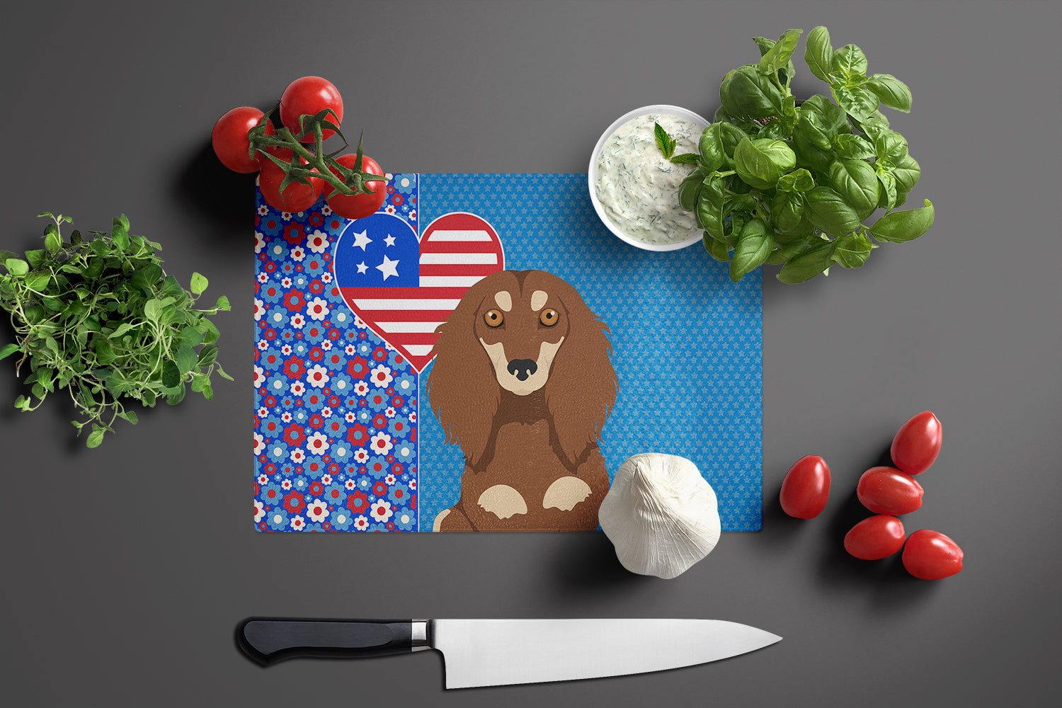 Longhair Chocolate and Cream Dachshund USA American Glass Cutting Board Large - the-store.com