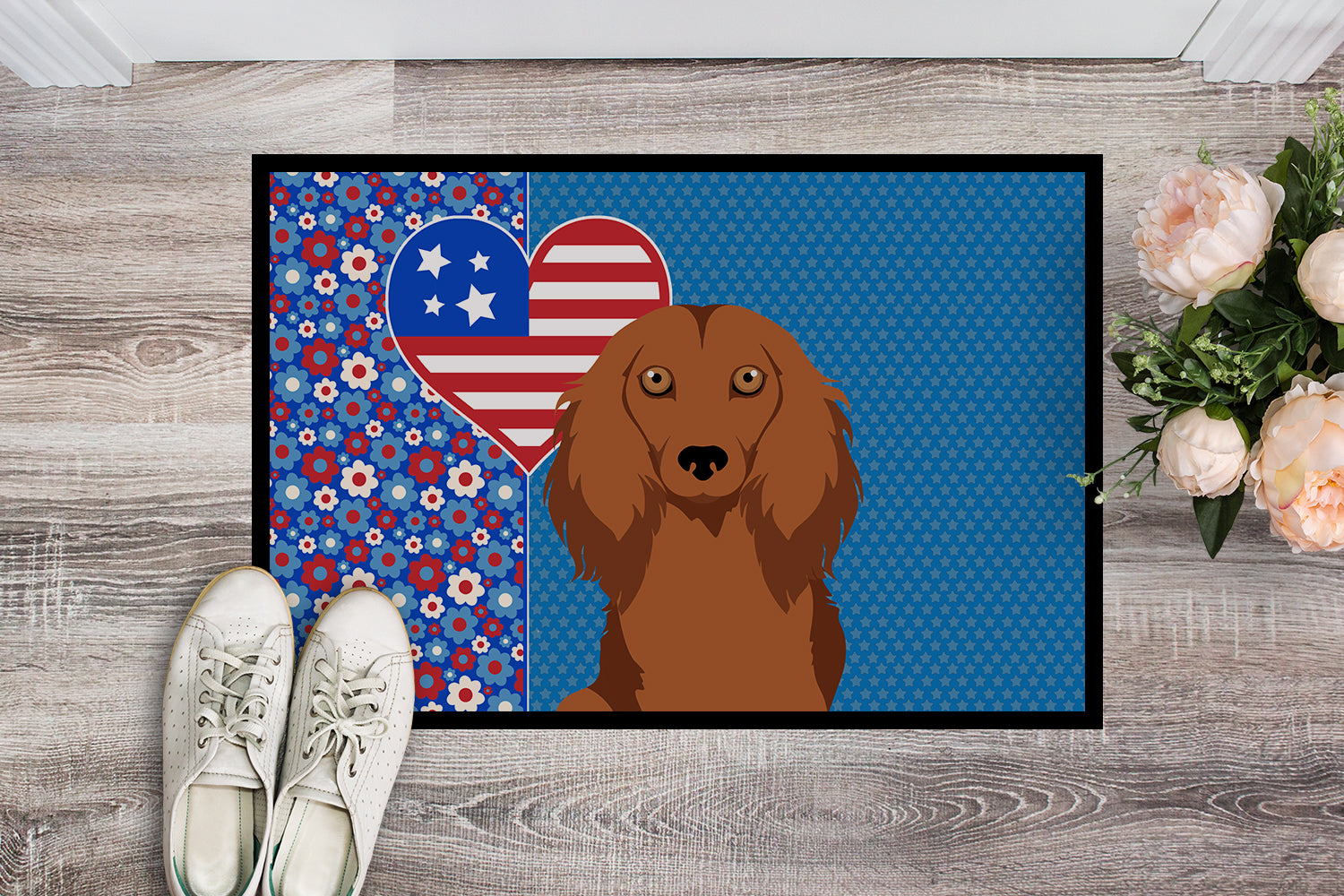 Buy this Longhair Red Dachshund USA American Indoor or Outdoor Mat 24x36