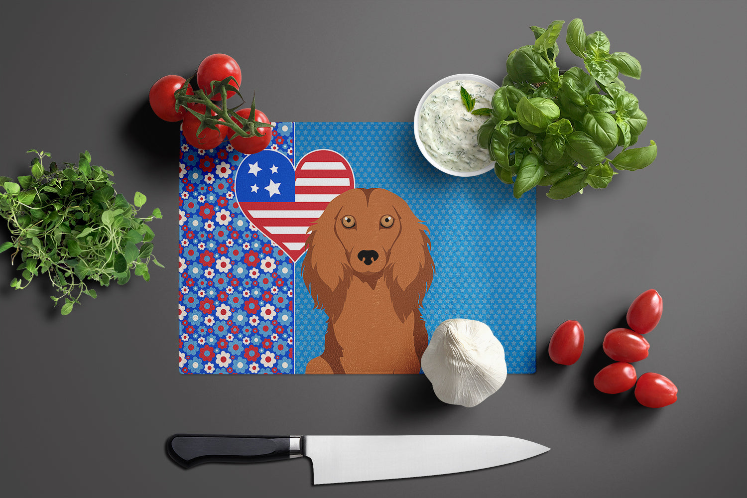 Longhair Red Dachshund USA American Glass Cutting Board Large - the-store.com