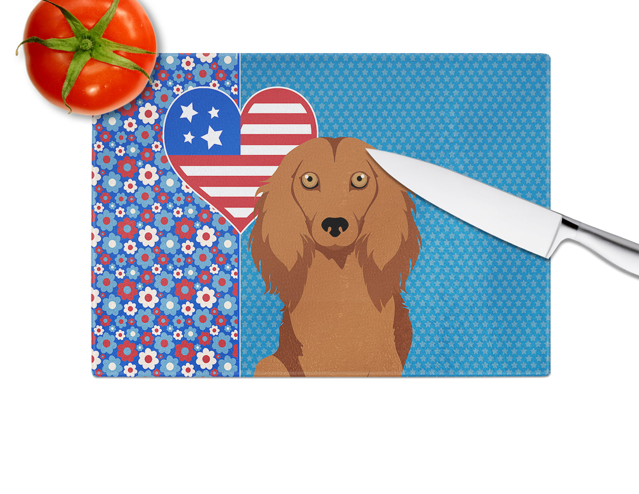 Longhair Red Dachshund USA American Glass Cutting Board Large - the-store.com