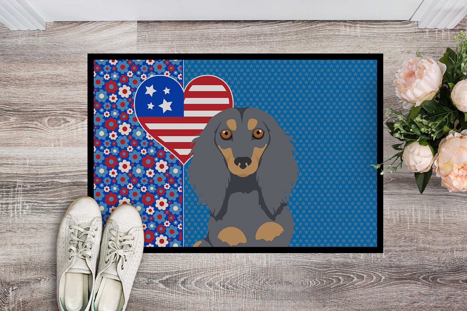 Buy this Longhair Blue and Tan Dachshund USA American Indoor or Outdoor Mat 24x36