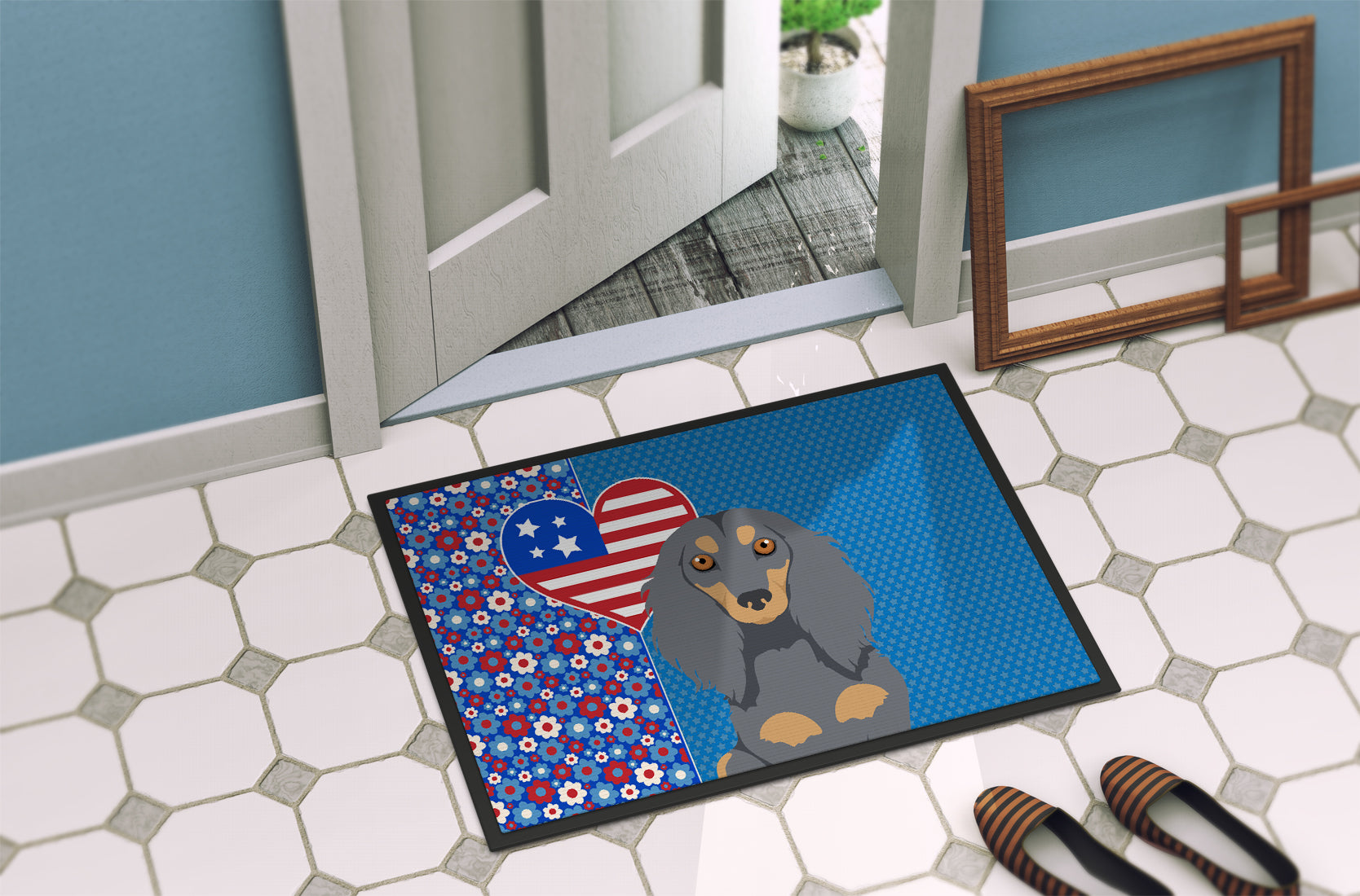 Longhair Blue and Tan Dachshund USA American Indoor or Outdoor Mat 24x36 - the-store.com