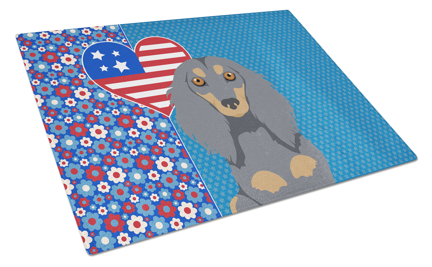 Buy this Longhair Blue and Tan Dachshund USA American Glass Cutting Board Large