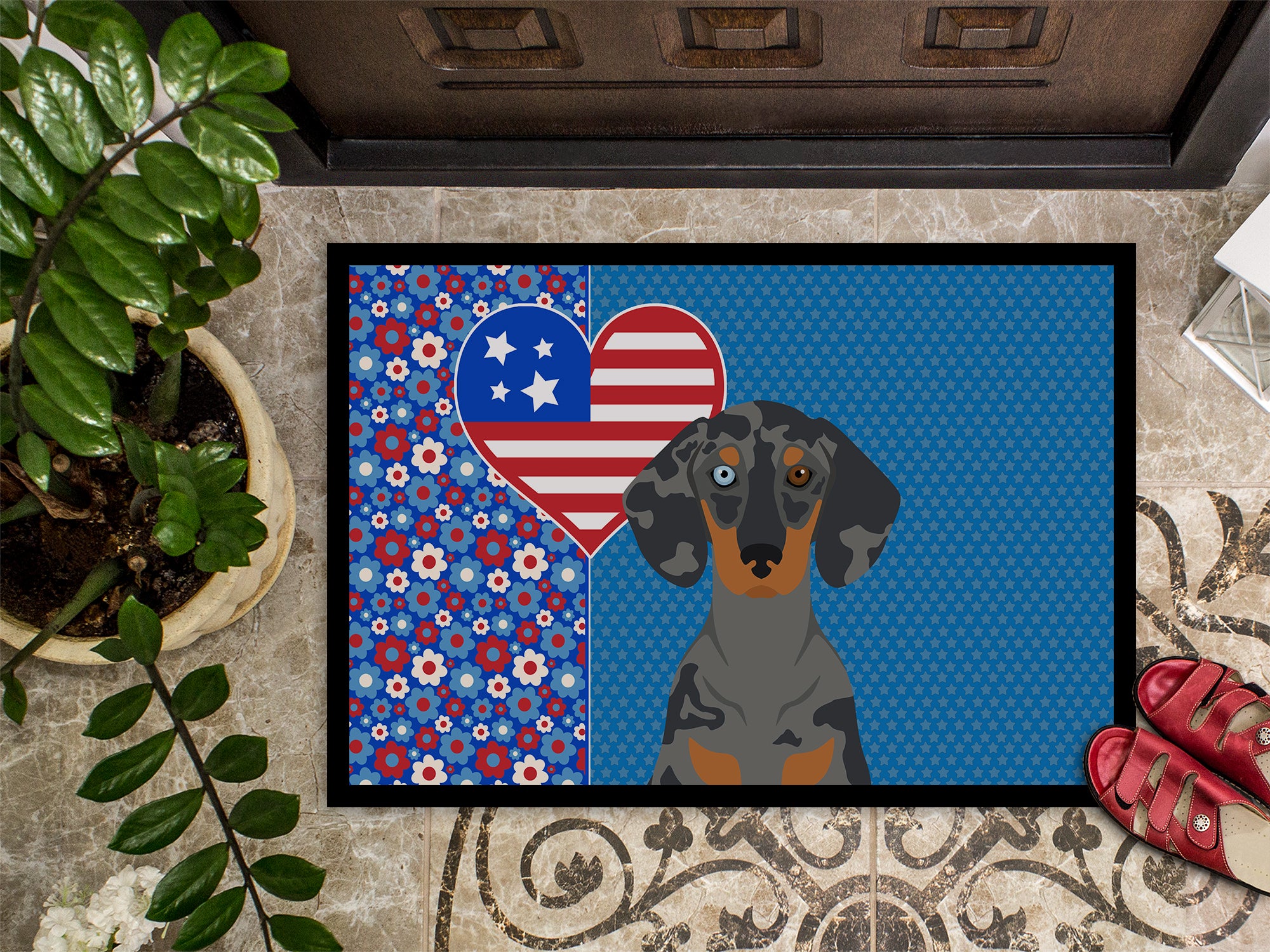 Black Dapple Dachshund USA American Indoor or Outdoor Mat 24x36 - the-store.com