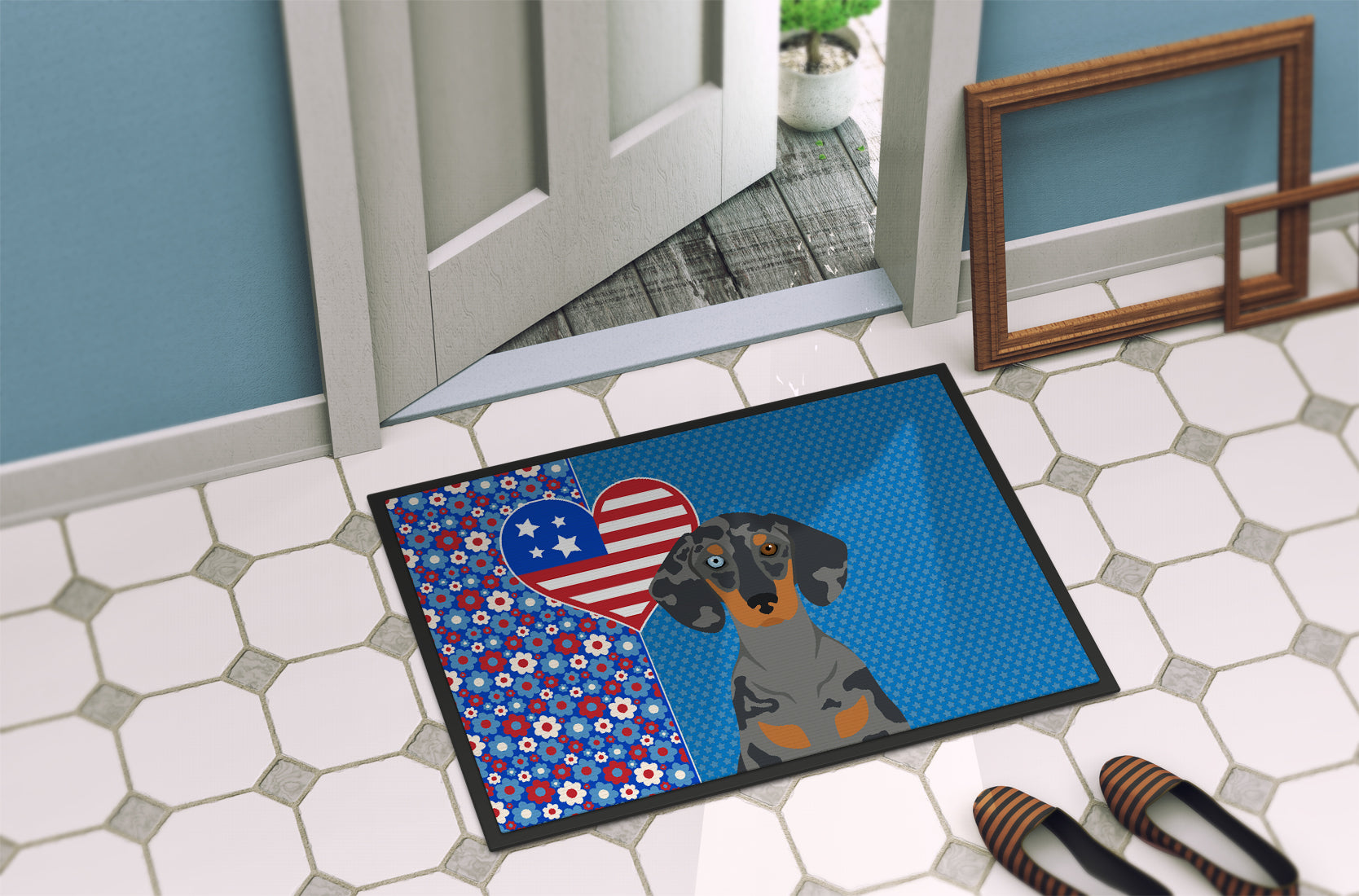 Black Dapple Dachshund USA American Indoor or Outdoor Mat 24x36 - the-store.com