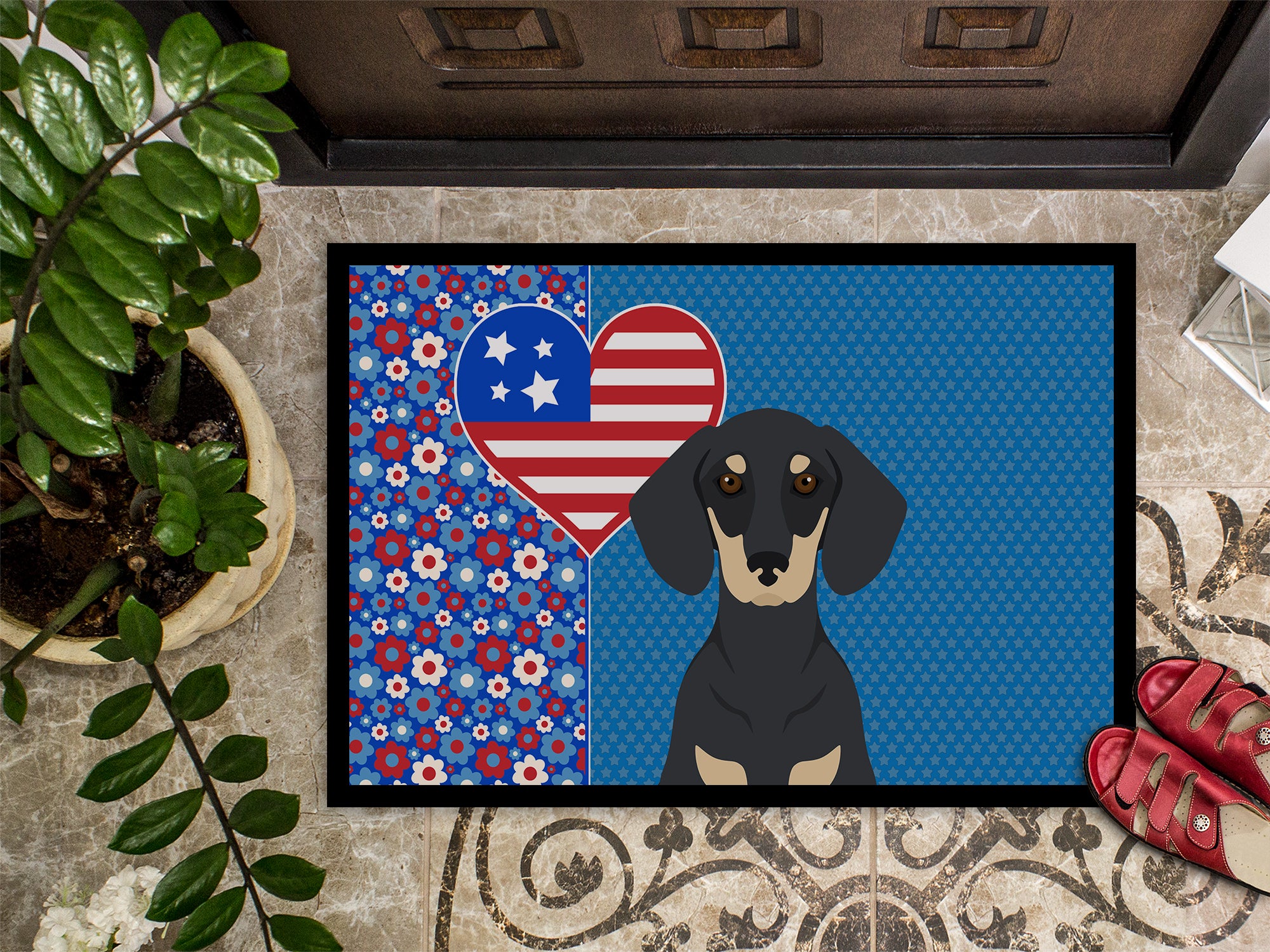 Black and Cream Dachshund USA American Indoor or Outdoor Mat 24x36 - the-store.com