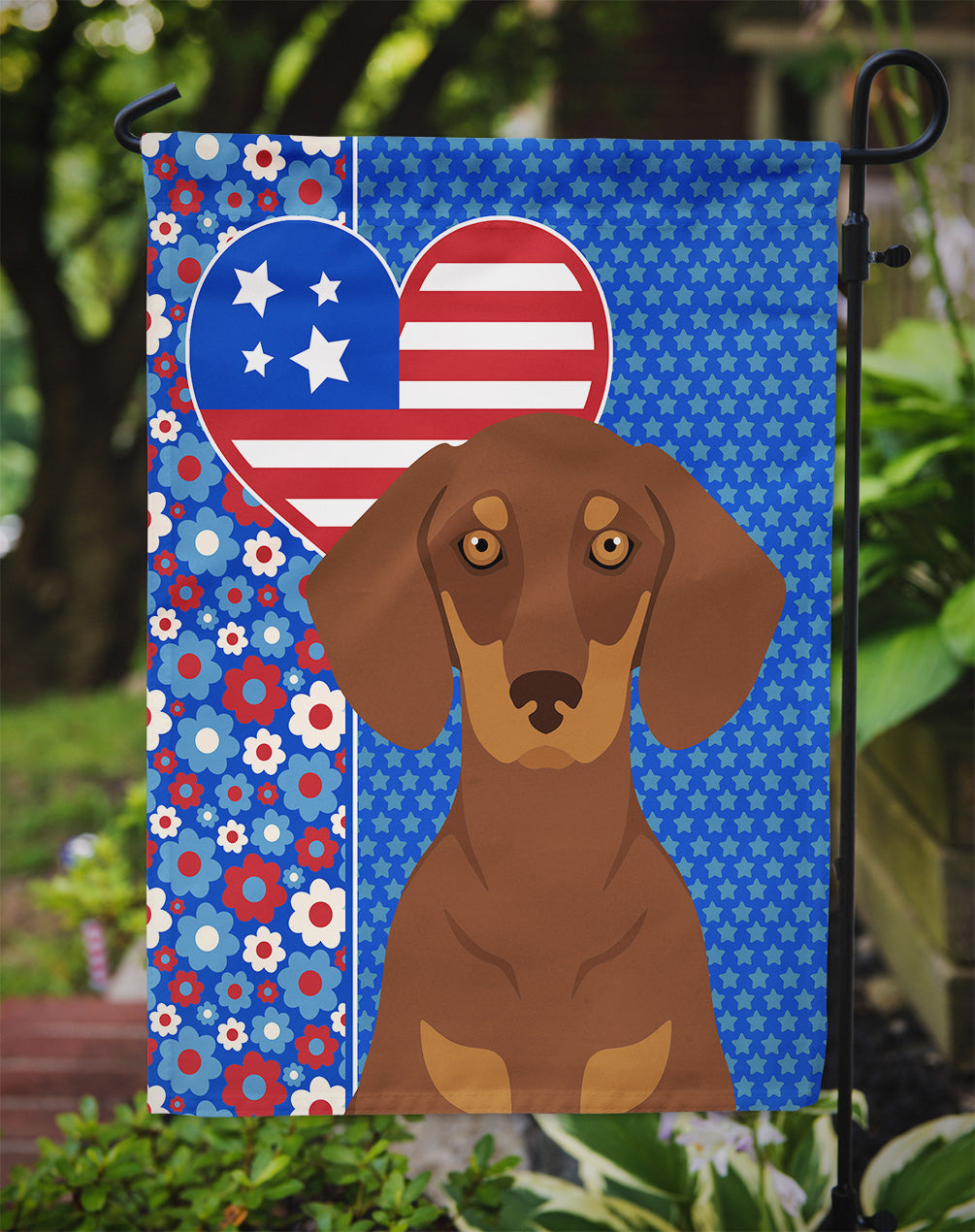 Chocolate and Tan Dachshund USA American Flag Garden Size  the-store.com.