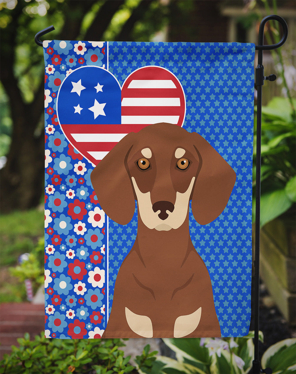 Chocolate and Cream Dachshund USA American Flag Garden Size  the-store.com.