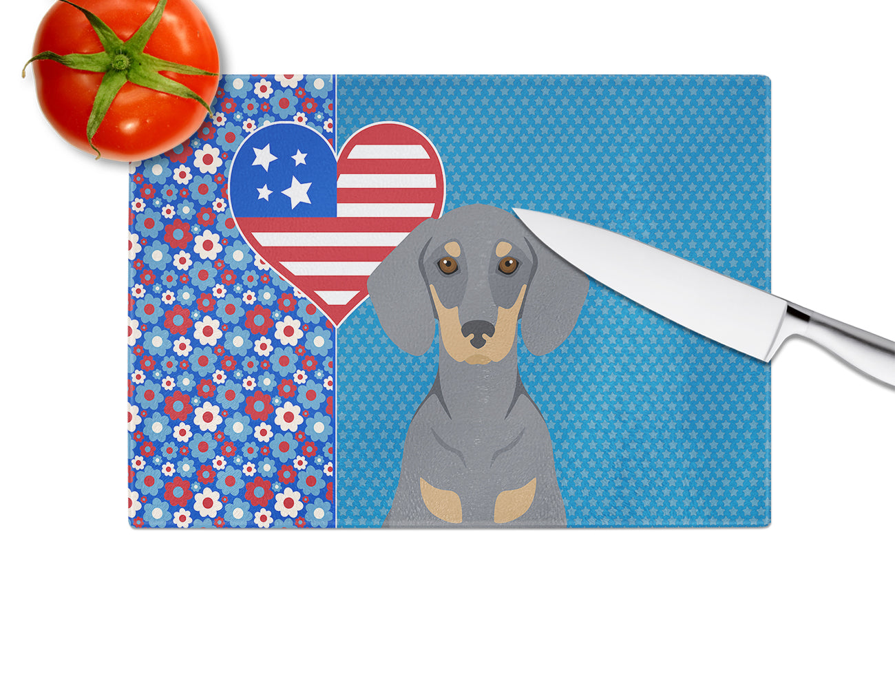 Blue and Tan Dachshund USA American Glass Cutting Board Large - the-store.com