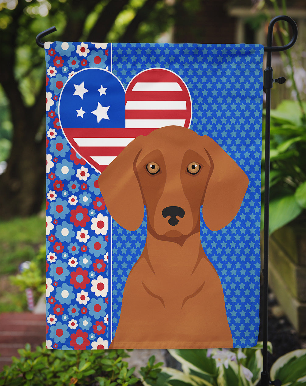 Red Dachshund USA American Flag Garden Size  the-store.com.