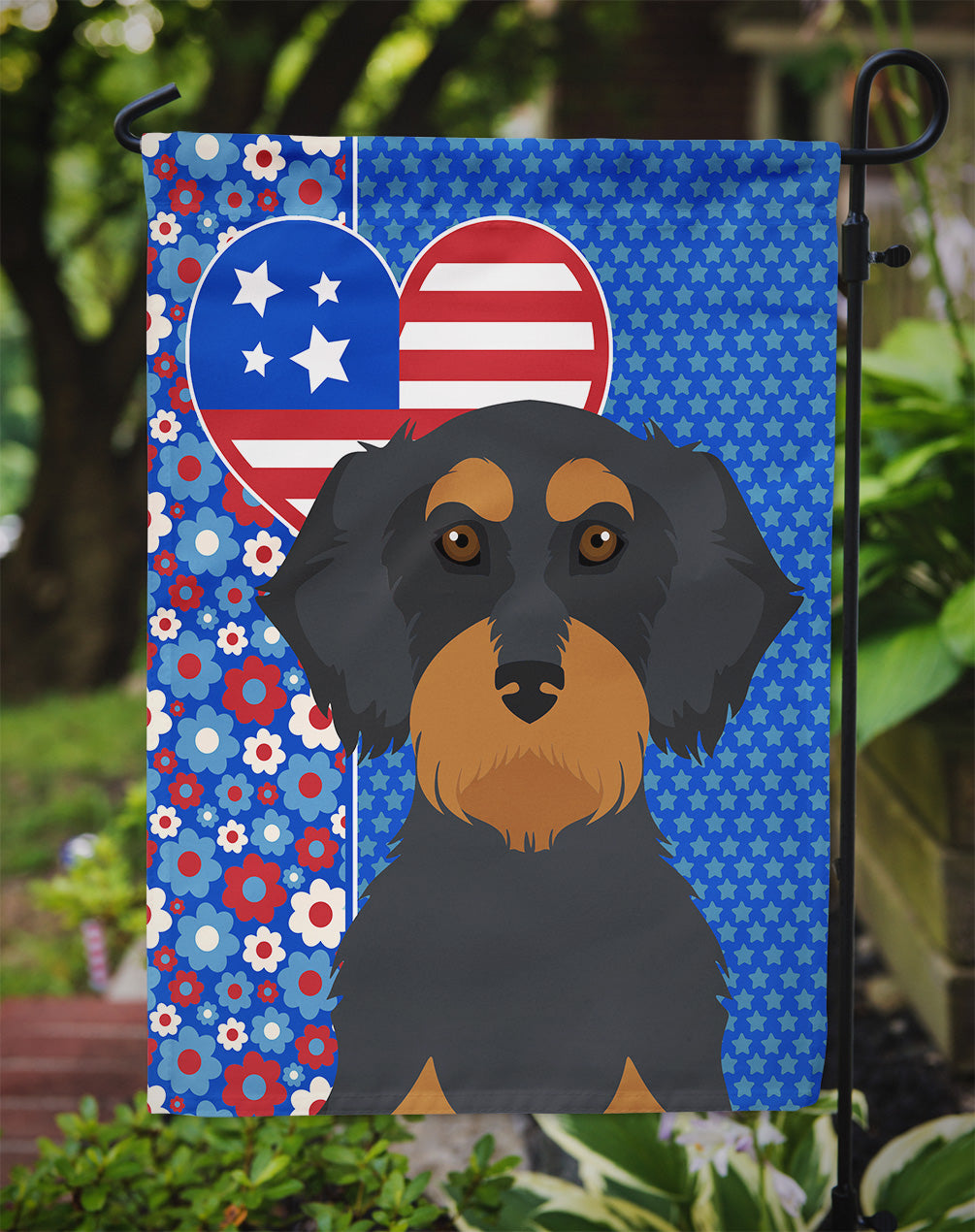 Wirehair Black and Tan Dachshund USA American Flag Garden Size  the-store.com.
