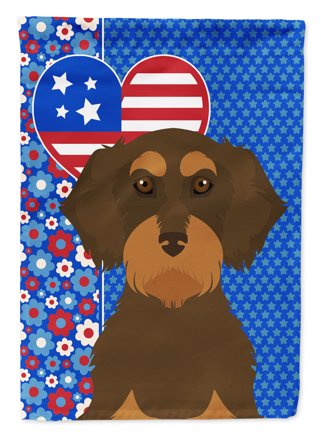 Wirehair Chocolate and Tan Dachshund USA American Flag Garden Size  the-store.com.